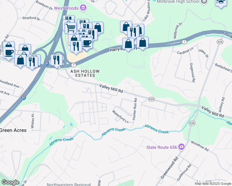 map of restaurants, bars, coffee shops, grocery stores, and more near 173 Brookland Court in Winchester