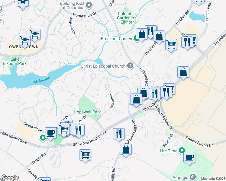 map of restaurants, bars, coffee shops, grocery stores, and more near 9244 Brush Run in Columbia