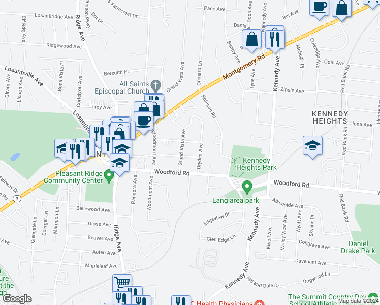 map of restaurants, bars, coffee shops, grocery stores, and more near 3361 Orion Avenue in Cincinnati
