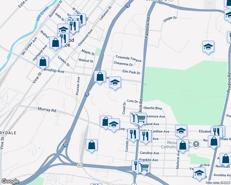 map of restaurants, bars, coffee shops, grocery stores, and more near 5158 Fishwick Drive in Cincinnati
