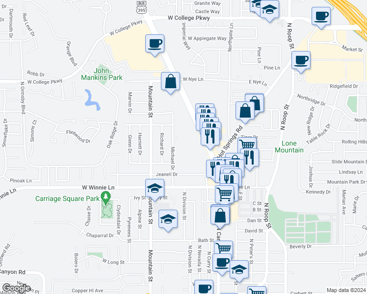 map of restaurants, bars, coffee shops, grocery stores, and more near 2300 North Carson Street in Carson City