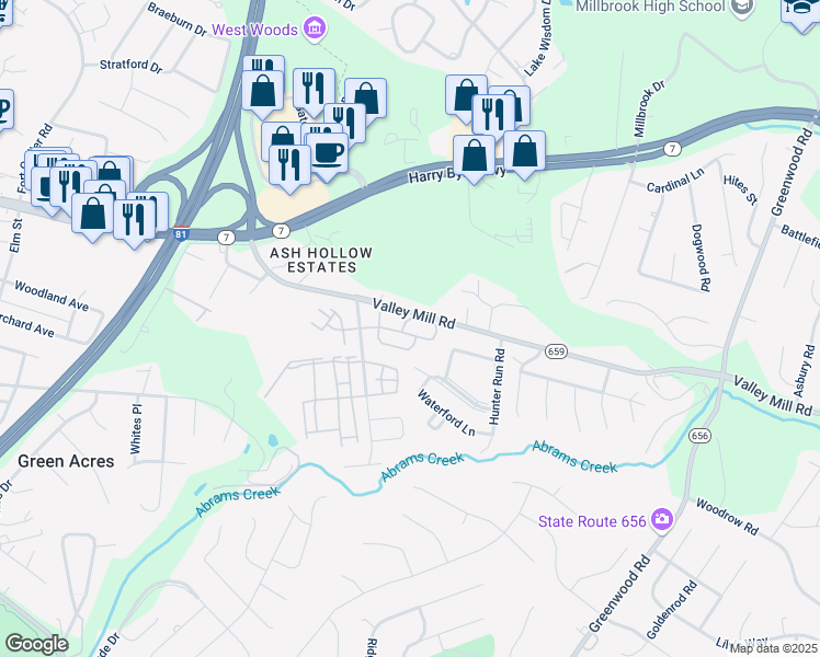 map of restaurants, bars, coffee shops, grocery stores, and more near 173 Brookland Court in Winchester