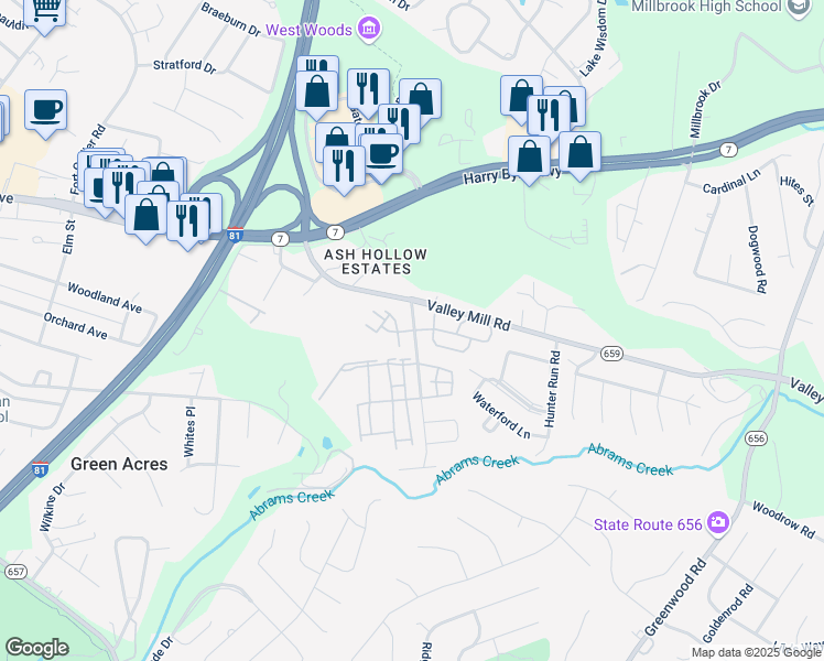 map of restaurants, bars, coffee shops, grocery stores, and more near 115 Brookland Lane in Winchester