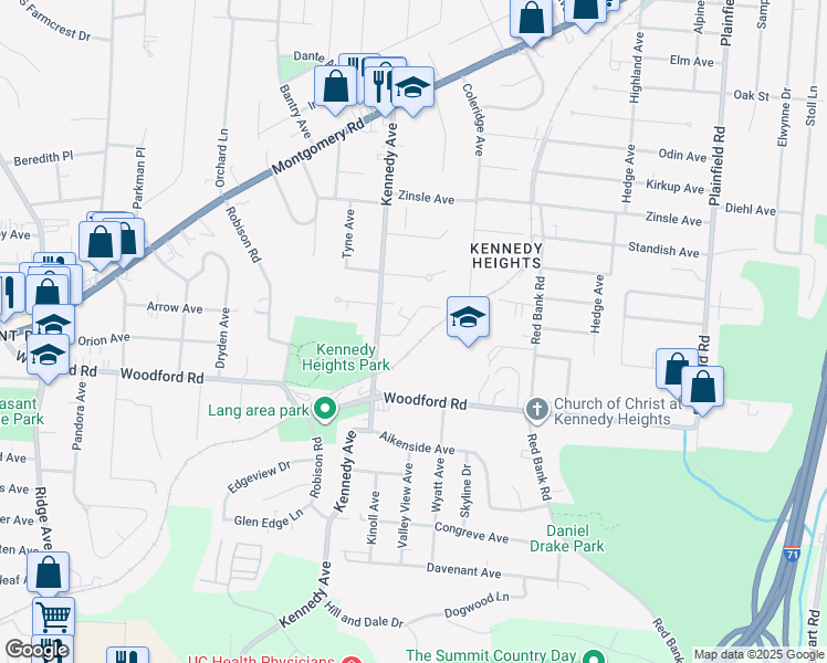 map of restaurants, bars, coffee shops, grocery stores, and more near 3646 Woodford Road in Cincinnati