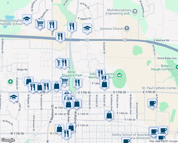 map of restaurants, bars, coffee shops, grocery stores, and more near in Bloomington