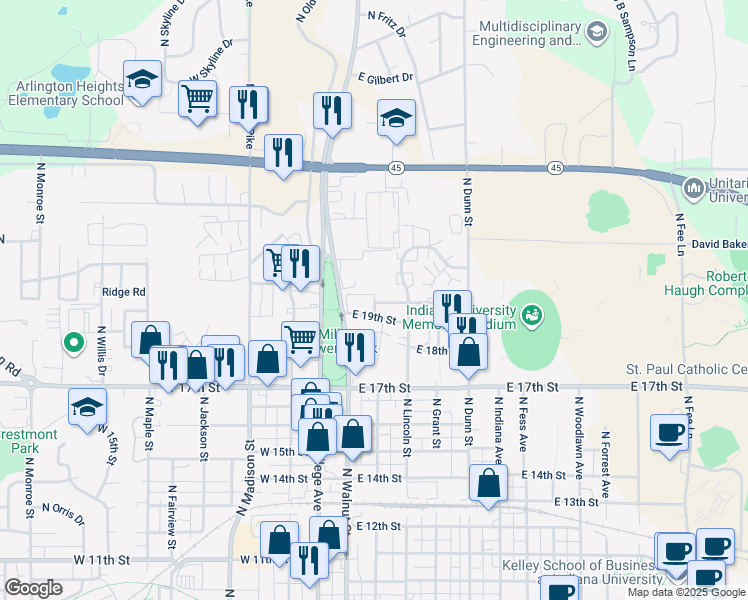 map of restaurants, bars, coffee shops, grocery stores, and more near in Bloomington