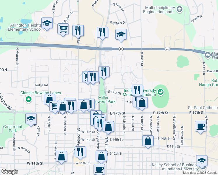 map of restaurants, bars, coffee shops, grocery stores, and more near in Bloomington