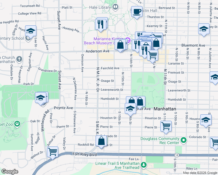 map of restaurants, bars, coffee shops, grocery stores, and more near 1605 Leavenworth Street in Manhattan