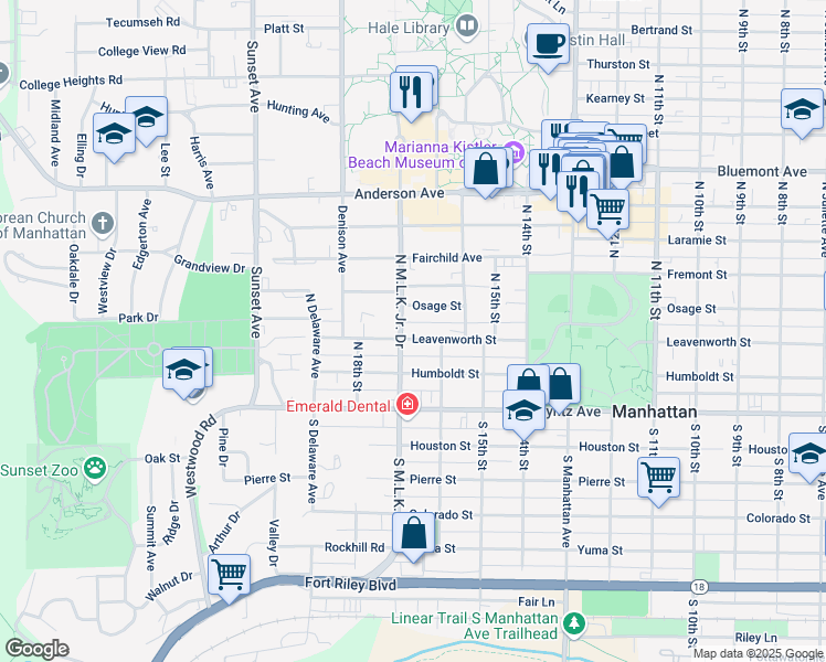 map of restaurants, bars, coffee shops, grocery stores, and more near 1605 Leavenworth Street in Manhattan