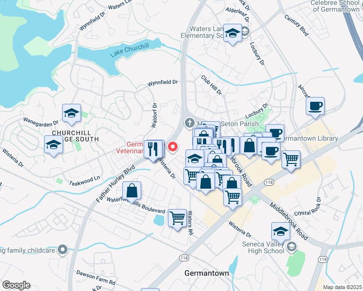 map of restaurants, bars, coffee shops, grocery stores, and more near 13109 Briarcliff Terrace in Germantown