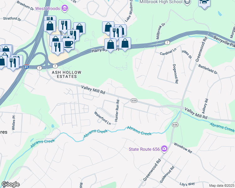 map of restaurants, bars, coffee shops, grocery stores, and more near 102 Ash Hollow Drive in Winchester