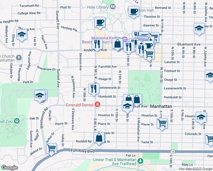 map of restaurants, bars, coffee shops, grocery stores, and more near 1614 Leavenworth Street in Manhattan