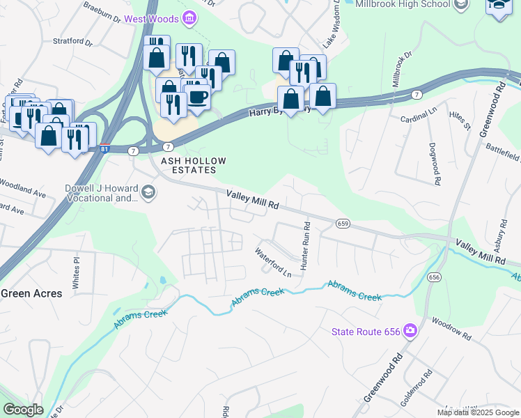 map of restaurants, bars, coffee shops, grocery stores, and more near 173 Brookland Court in Winchester