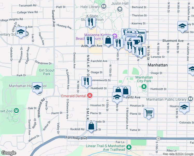 map of restaurants, bars, coffee shops, grocery stores, and more near 1620 Leavenworth Street in Manhattan