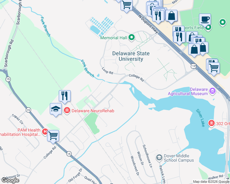 map of restaurants, bars, coffee shops, grocery stores, and more near 402 College Road in Dover