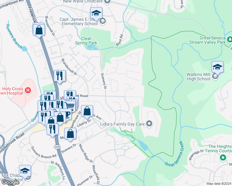 map of restaurants, bars, coffee shops, grocery stores, and more near 19967 Dunstable Circle in Germantown