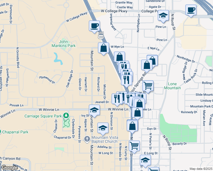map of restaurants, bars, coffee shops, grocery stores, and more near 2300 North Carson Street in Carson City