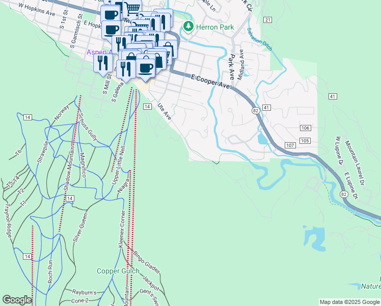 map of restaurants, bars, coffee shops, grocery stores, and more near 1105 Ute Avenue in Aspen