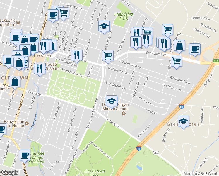map of restaurants, bars, coffee shops, grocery stores, and more near 118 North Euclid Avenue in Winchester