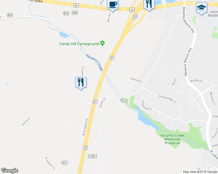 map of restaurants, bars, coffee shops, grocery stores, and more near 116 O'Keefe Drive in Winchester