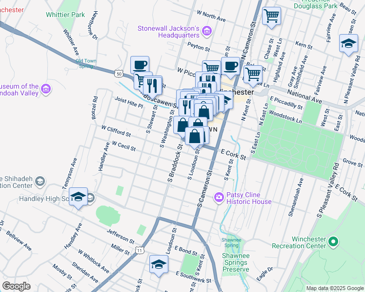 map of restaurants, bars, coffee shops, grocery stores, and more near in Winchester