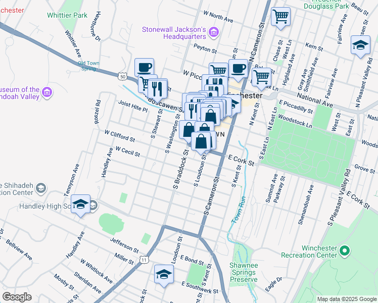 map of restaurants, bars, coffee shops, grocery stores, and more near in Winchester
