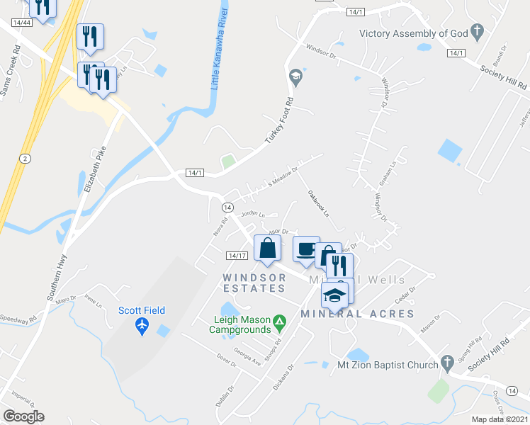 map of restaurants, bars, coffee shops, grocery stores, and more near 85 Jordyn Lane in Mineral Wells