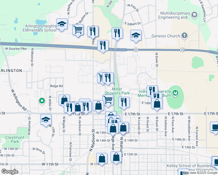 map of restaurants, bars, coffee shops, grocery stores, and more near 1715 North College Avenue in Bloomington