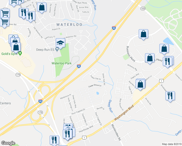 map of restaurants, bars, coffee shops, grocery stores, and more near 7122 Silverleaf Oak Road in Elkridge
