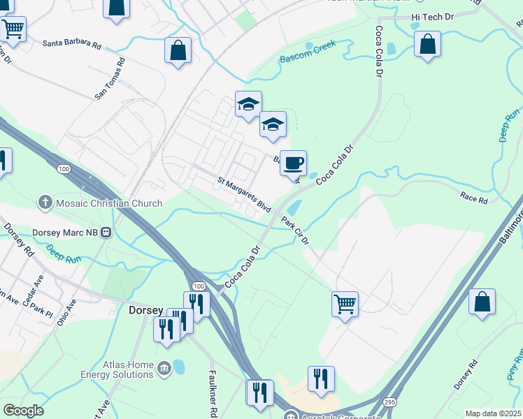 map of restaurants, bars, coffee shops, grocery stores, and more near 7031 Starwort Way in Hanover