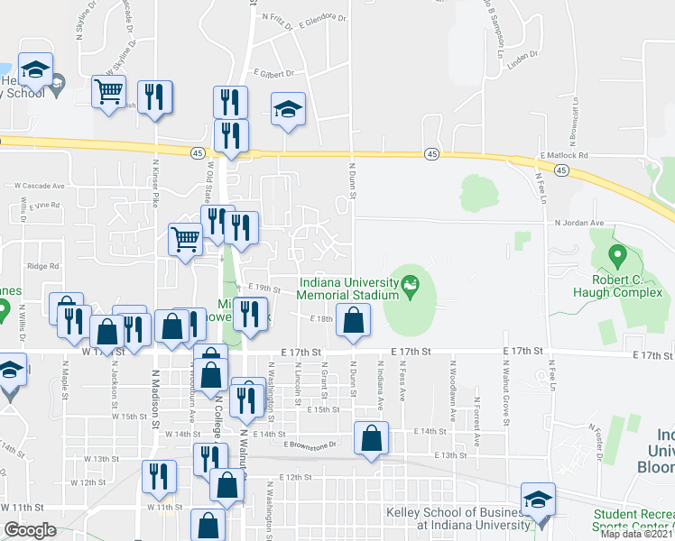 map of restaurants, bars, coffee shops, grocery stores, and more near 404 East 20th Street in Bloomington