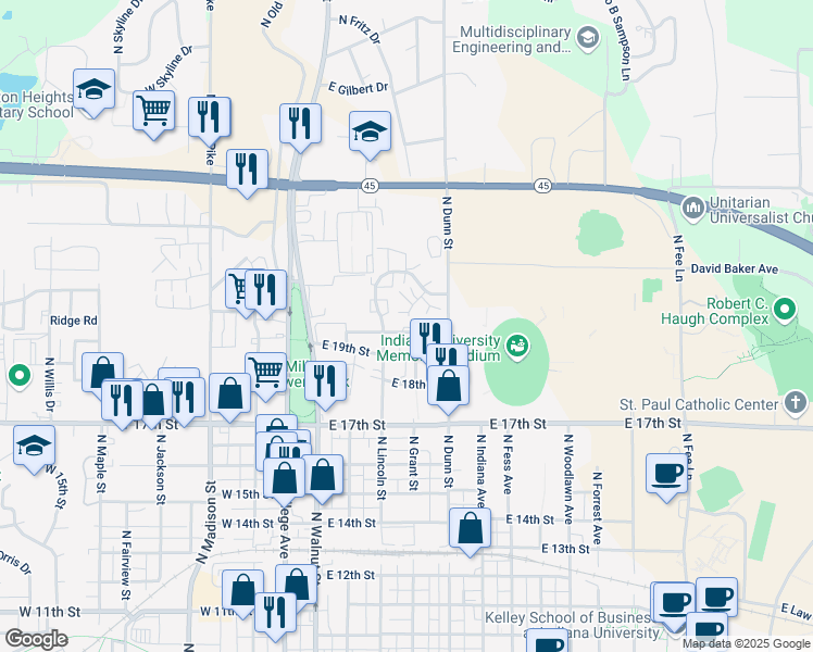 map of restaurants, bars, coffee shops, grocery stores, and more near 304 East 20th Street in Bloomington