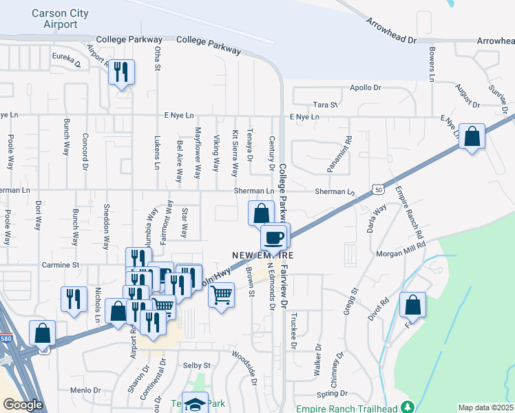 map of restaurants, bars, coffee shops, grocery stores, and more near 7 Century Circle in Carson City