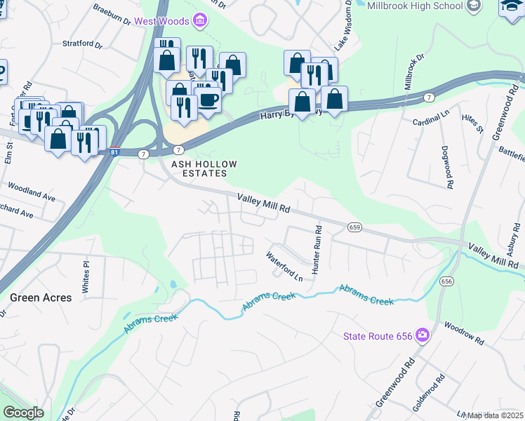 map of restaurants, bars, coffee shops, grocery stores, and more near 161 Brookland Court in Winchester