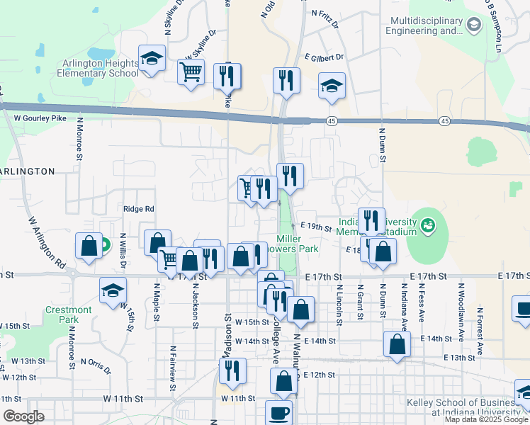 map of restaurants, bars, coffee shops, grocery stores, and more near 1715 North College Avenue in Bloomington