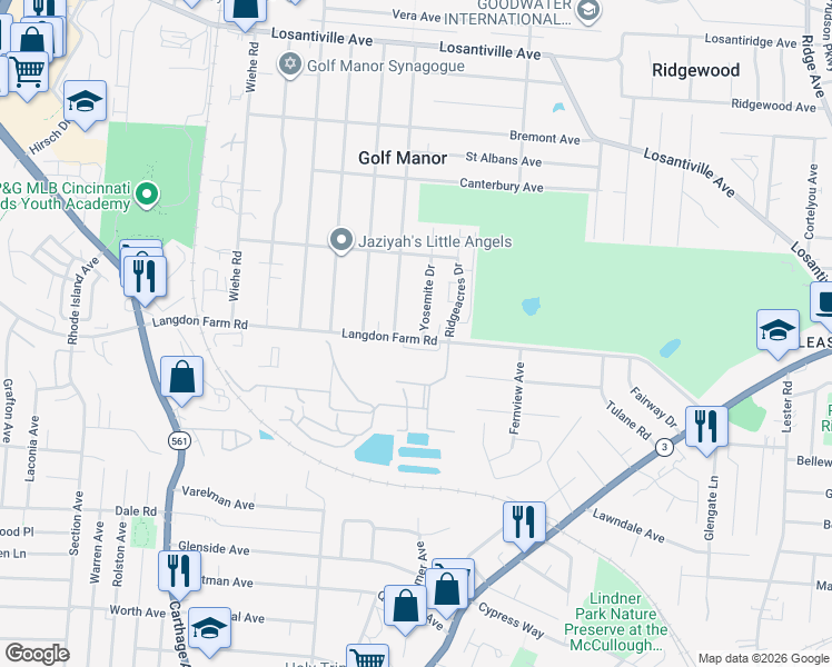 map of restaurants, bars, coffee shops, grocery stores, and more near 2424 Langdon Farm Road in Cincinnati