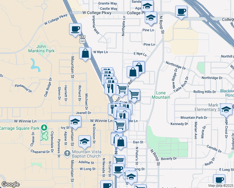 map of restaurants, bars, coffee shops, grocery stores, and more near 2258 North Carson Street in Carson City