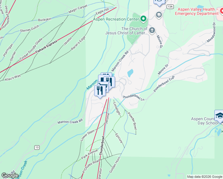 map of restaurants, bars, coffee shops, grocery stores, and more near 133 Prospector Road in Aspen