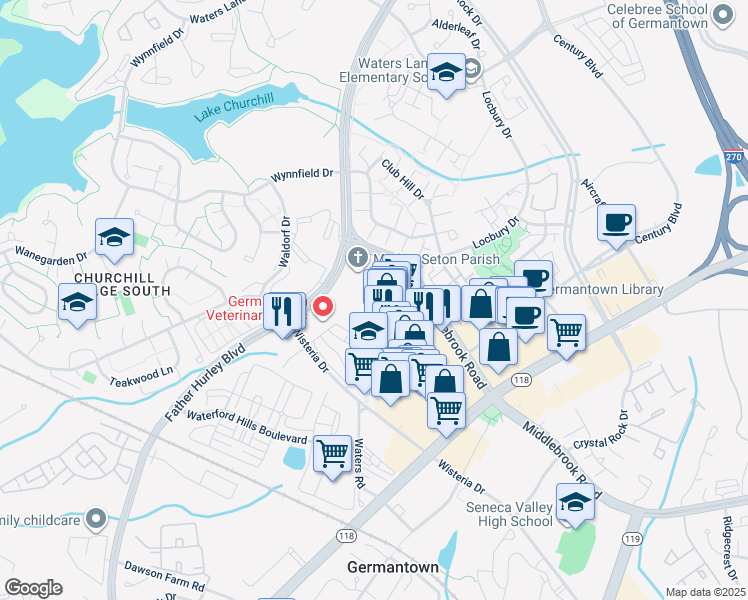 map of restaurants, bars, coffee shops, grocery stores, and more near 13109 Briarcliff Terrace in Germantown