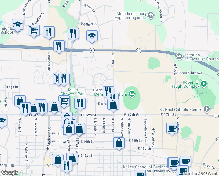 map of restaurants, bars, coffee shops, grocery stores, and more near 407 East 20th Street in Bloomington