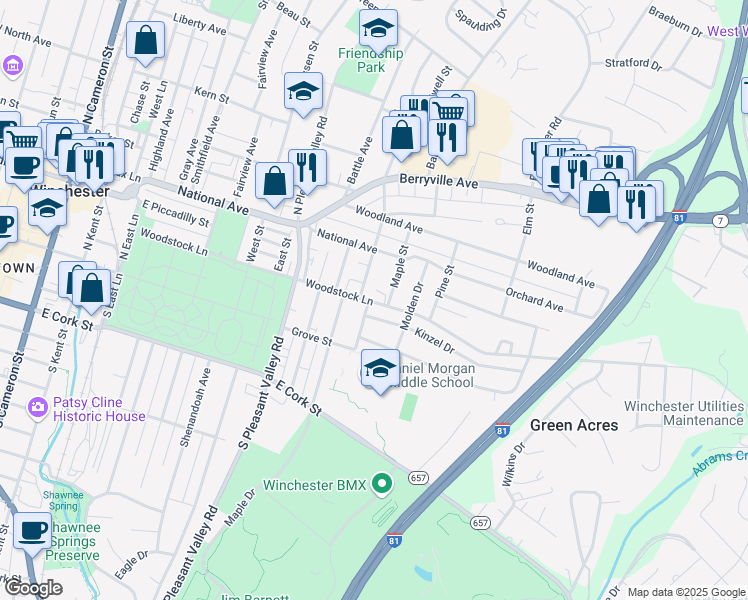 map of restaurants, bars, coffee shops, grocery stores, and more near 714 Woodstock Lane in Winchester