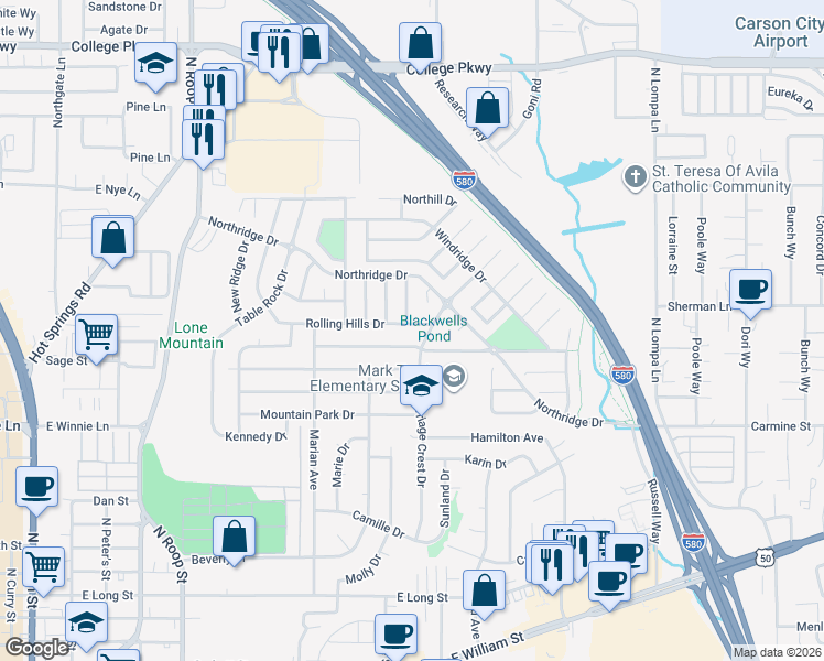 map of restaurants, bars, coffee shops, grocery stores, and more near 1557 Spooner Drive in Carson City