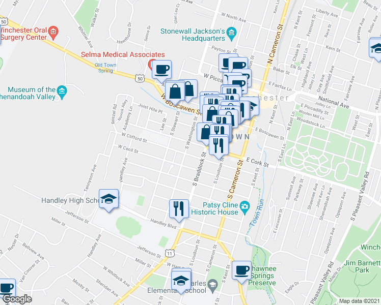 map of restaurants, bars, coffee shops, grocery stores, and more near 218 South Washington Street in Winchester