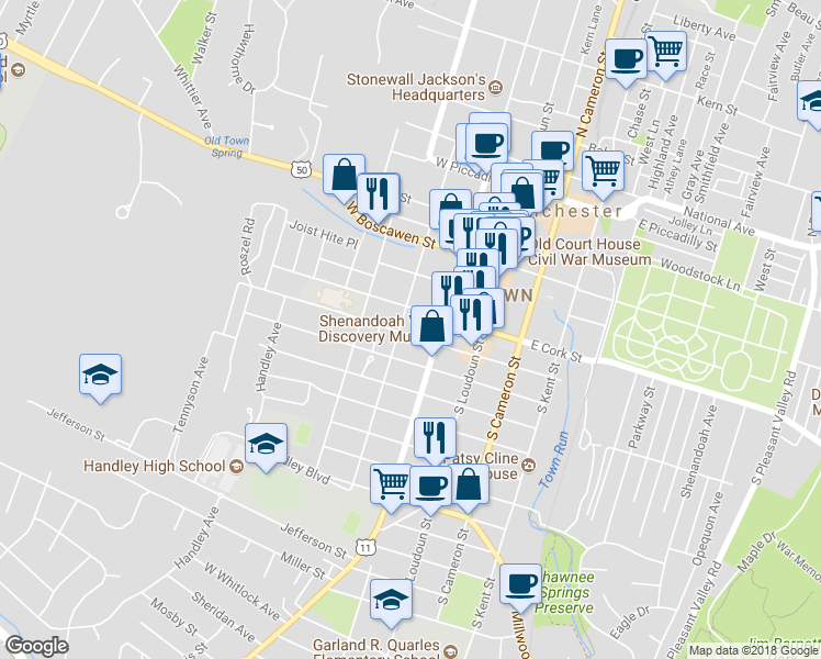 map of restaurants, bars, coffee shops, grocery stores, and more near 218 South Washington Street in Winchester