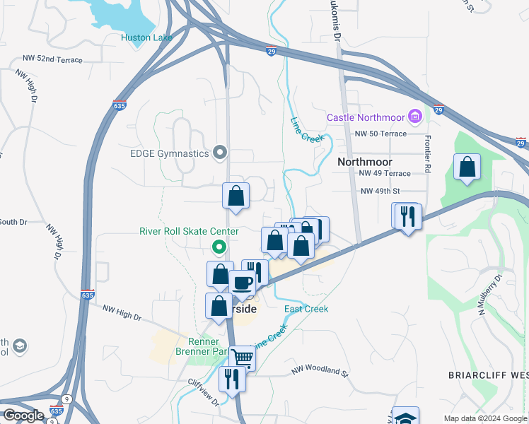 map of restaurants, bars, coffee shops, grocery stores, and more near 4853 Northwest Homestead Road in Riverside