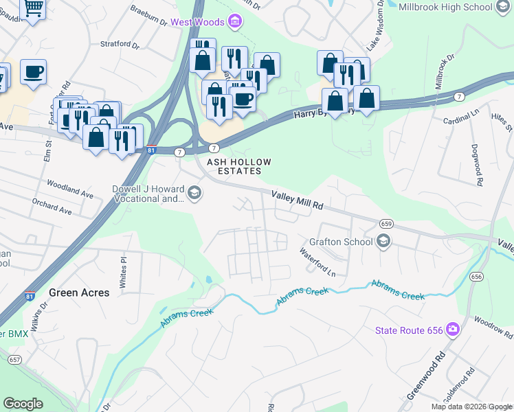 map of restaurants, bars, coffee shops, grocery stores, and more near 102 Windstone Drive in Winchester