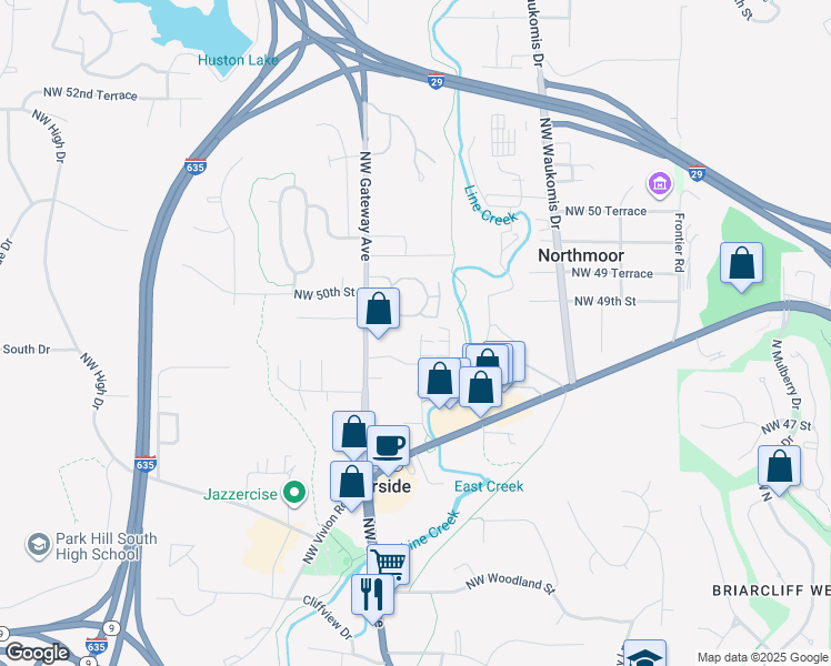map of restaurants, bars, coffee shops, grocery stores, and more near 4852 Northwest Homestead Road in Riverside