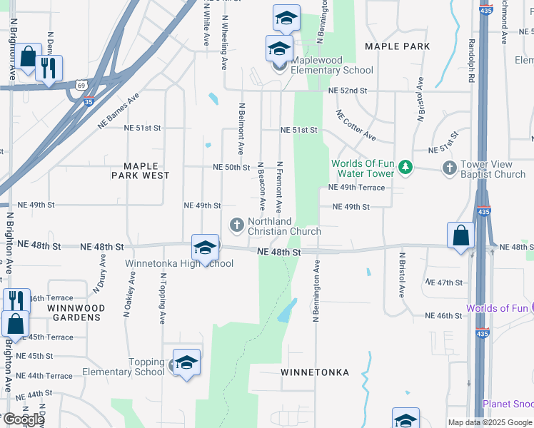 map of restaurants, bars, coffee shops, grocery stores, and more near 4839 North Beacon Avenue in Kansas City