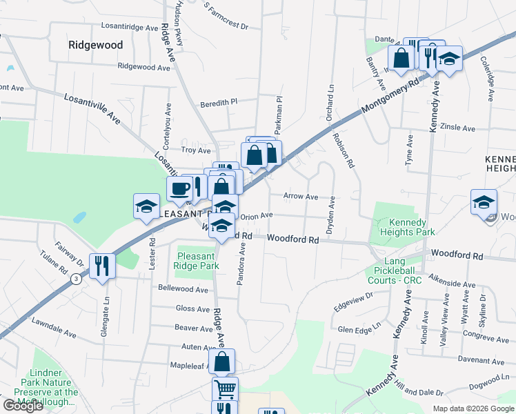 map of restaurants, bars, coffee shops, grocery stores, and more near 6021 Woodmont Avenue in Cincinnati