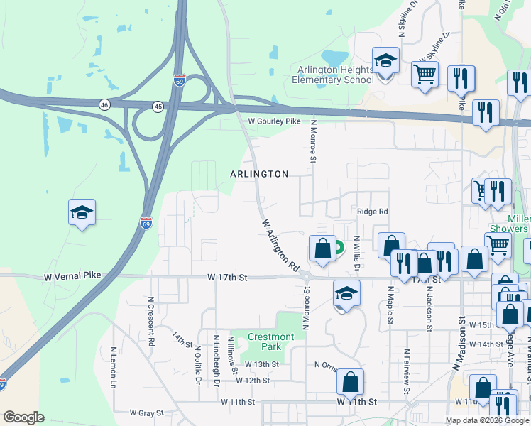 map of restaurants, bars, coffee shops, grocery stores, and more near 1504-1516 Arlington Road in Bloomington